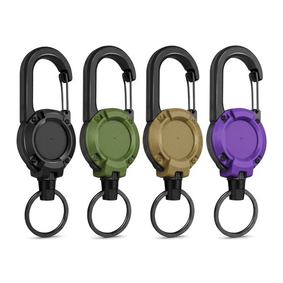 4 Pack Heavy Duty Retractable Keychain – Steel Cord Carabiner Badge Reel ID Holder for Camping Hiking, Extendable Key Ring Set, Extends up to 26"