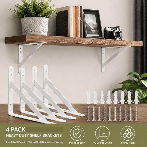 4 Pack Heavy Duty Shelf Brackets, 8 inch Wall Mount L-Shaped Shelf Bracket for Floating, white Metal Shelf Brackets with Screws, 90 Degree Triangle Corner Brace Joint Angle Bracket