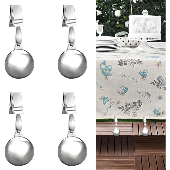 4 Pack Heavy Duty Tablecloth Weights, Stainless Steel Balls with Metal Tablecloth Clips for Outdoor Tables, Curtains & Christmas Flag, Add 9.6oz Weights for Holiday Dinner Party or Outdoor Picnic
