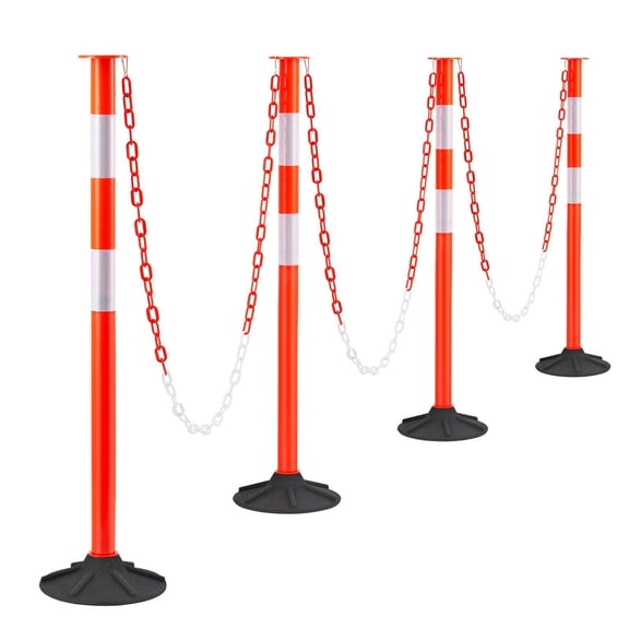 4 Pack Heavy Duty Traffic Delineator Posts 34 Inch Safety Cones with Weighted Base Reflective Strips and Chain for Construction Site Parking Lot Crowd Control Red