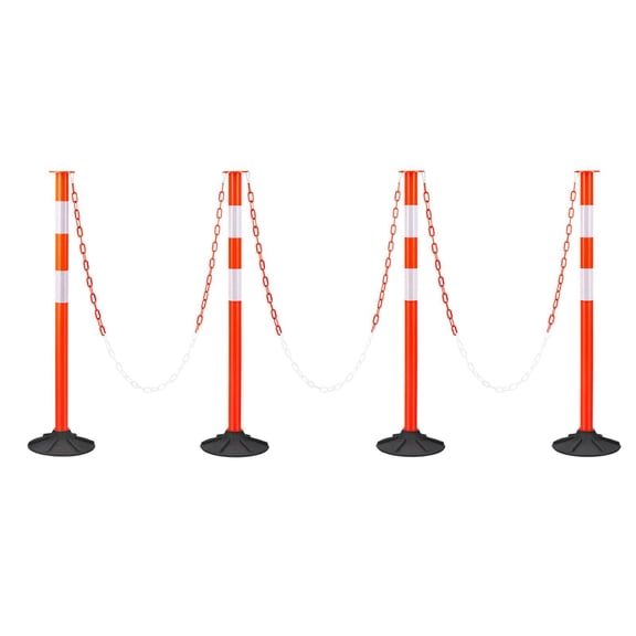 4-Pack Heavy Duty Traffic Delineator Posts with Weighted Base, 34" Safety Cones for Construction, Parking Lots&Crowd Control, Reflective Strips&Chain Included, Red