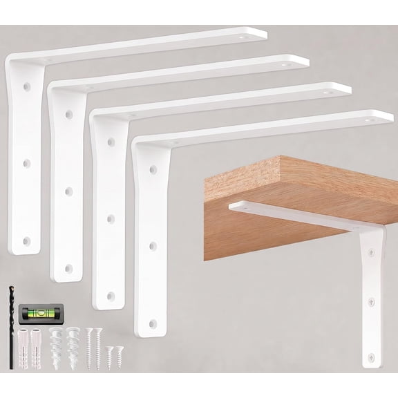 4 Pack Heavy Duty White Shelf Brackets 12 Inch by Balin Designs – Decorative L Bracket for Shelves, Metal Shelf Support Bracket, Wall Mounted Countertop Iron Corbels, Floating Shelving Brackets