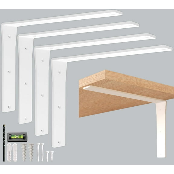 4 Pack Heavy Duty White Shelf Brackets 12 Inch by Balin Designs – Decorative L Bracket for Shelves, Metal Shelf Support Bracket, Wall Mounted Countertop Iron Corbels, Floating Shelving Brackets