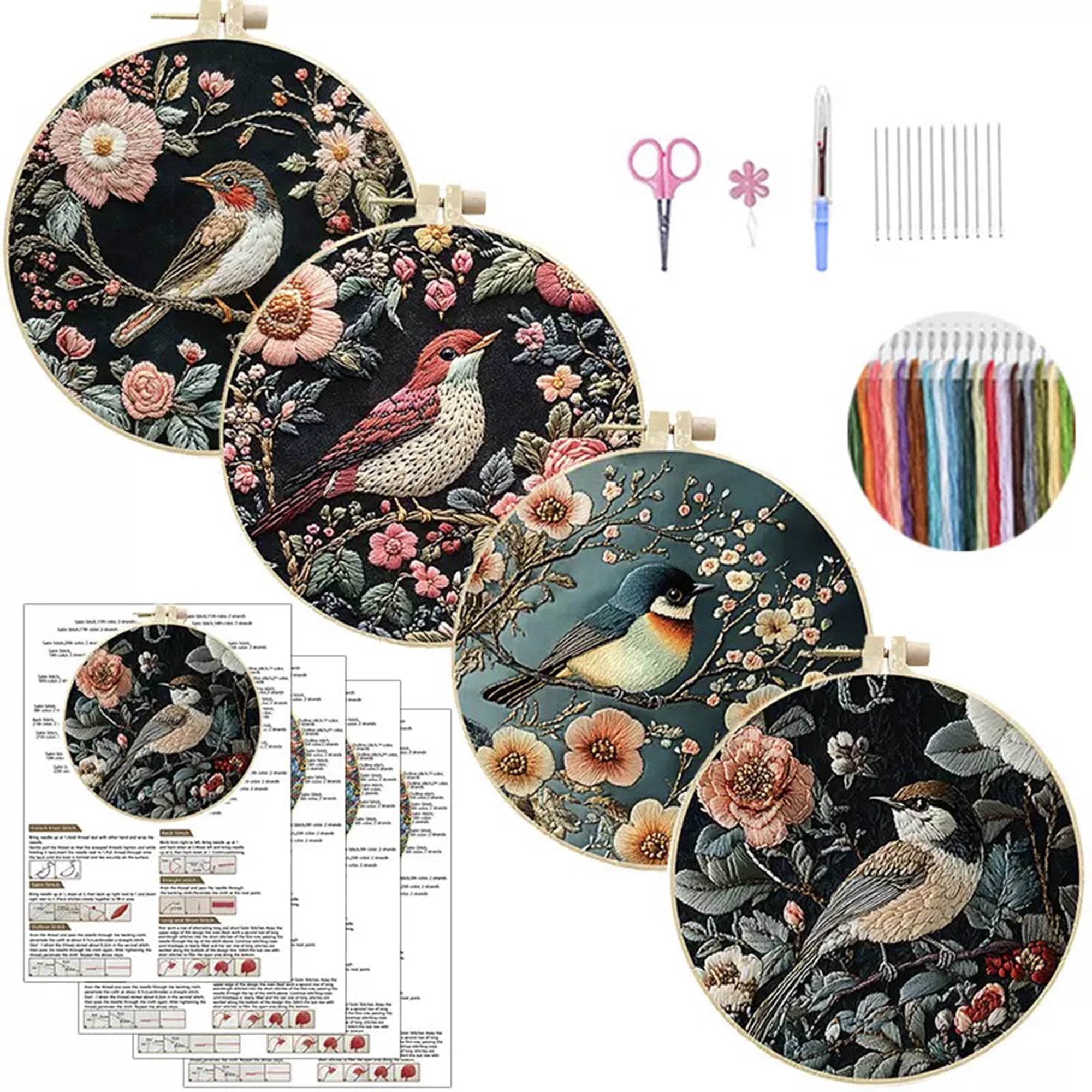 4 Pack Bird and Flower Embroidery Kits for Adults Beginners Realistic Floral Nature Needlepoint DIY Hoop Art Craft Set