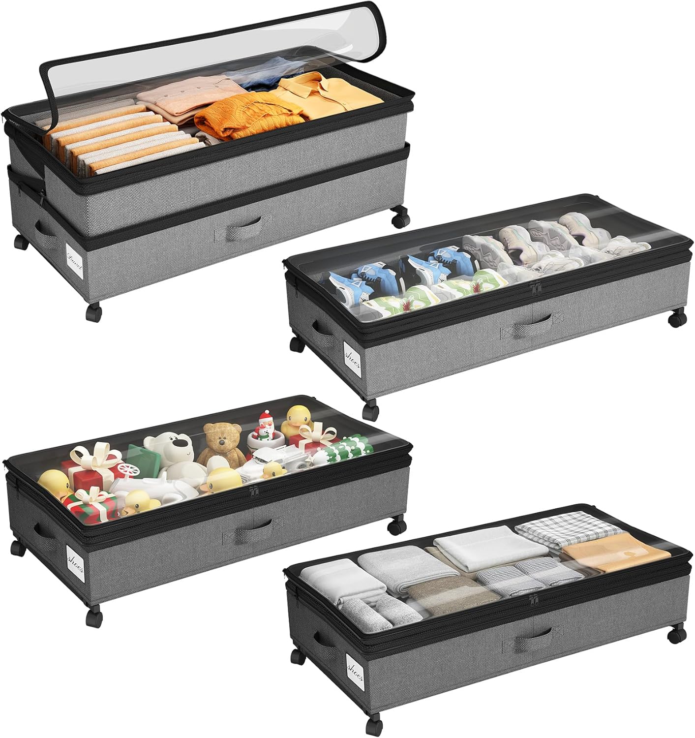 4 Pack Height-adjustable Under Bed Storage with Wheels, Under Bed ...