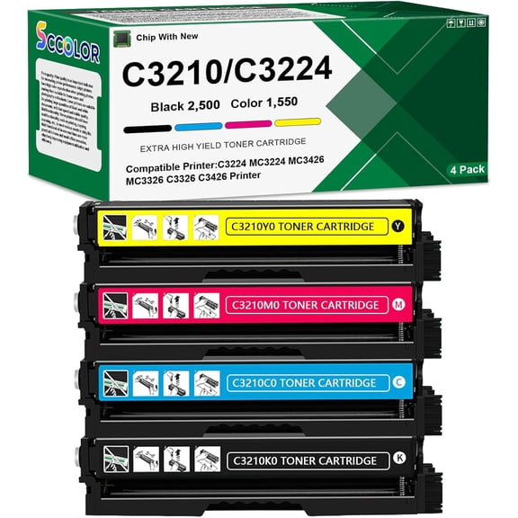 4 Pack High Capacity MC3326 Toner Cartridges C3210K0 C3210C0 C3210M0 C3210Y0 with New Smart Chip Compatible with Lexmark C3224 C3326 C3426 MC3224 MC3426 Color Laser Printers