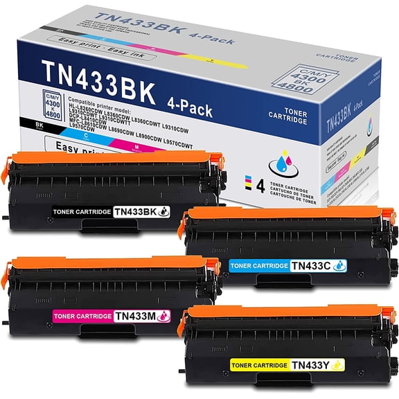 4 Pack High Yield Compatible TN433 Toner Cartridge Replacement for Brother HL-L8260CDW L8360CDW Printer