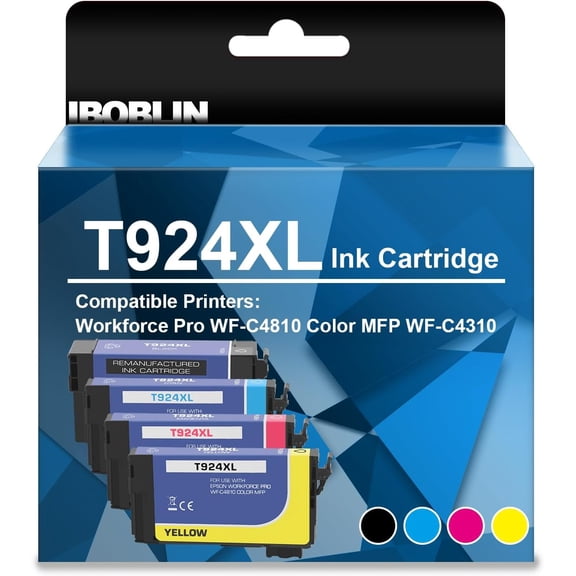 4 Pack High Yield T924XL CMYK Ink Cartridges with Chip Compatible with Epson WorkForce Pro WF-C4810 WF-C4310 Color Multifunction Printers