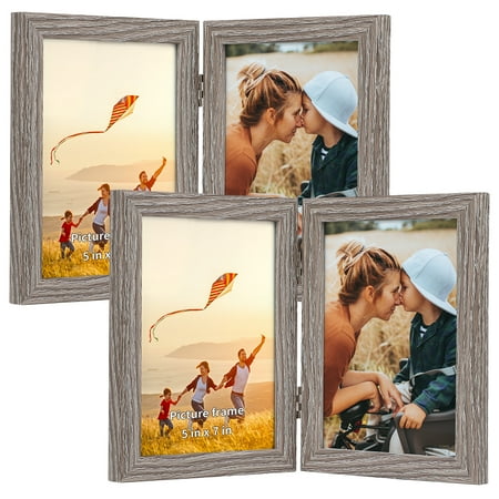 4 Pack Hinged 5x7 Picture Frame, Rustic Wood Grain 5 by 7 Photo Frames for Tabletop Display