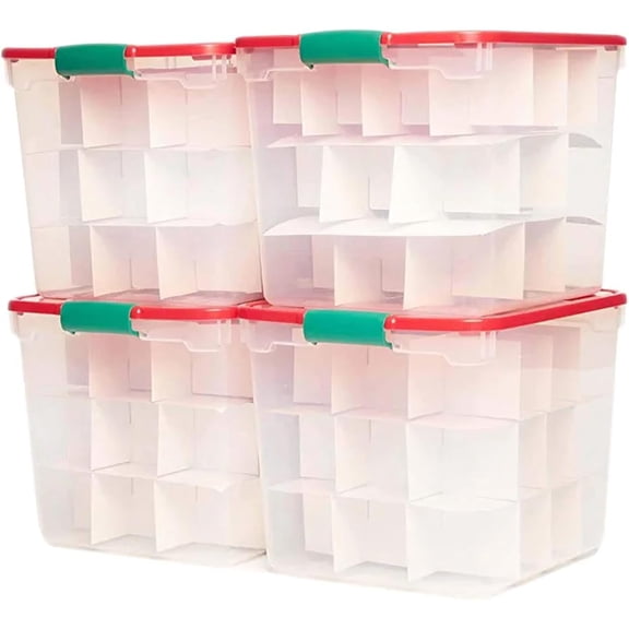 4-Pack Holiday Tote, Clear Plastic Storage Bins w/ Lids & Dividers, 31 Quart, Red - Stackable Organizing Containers for Home, Garage, and Office