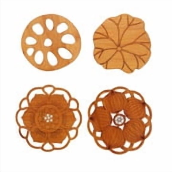 4 Pack Hollow Lotus Bamboo Drink Coasters, Carved Heat Insulation Cup Mats