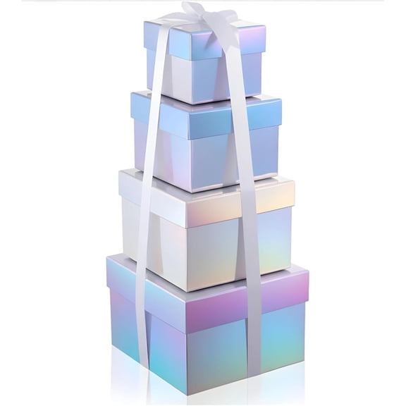 4 Pack Holographic Silver Square Nesting Gift Boxes with Lids Set Assorted Sizes 7in 6in 5in 4in Ribbon for Wedding Graduation Birthday Presents Keepsake