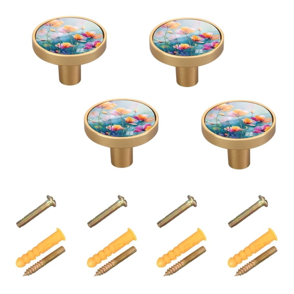 4-Pack Home Cabinet Knob Furniture Drawer Knob for Cabinets & Walls 32mm Diameter Watercolor Wildflowers Painting