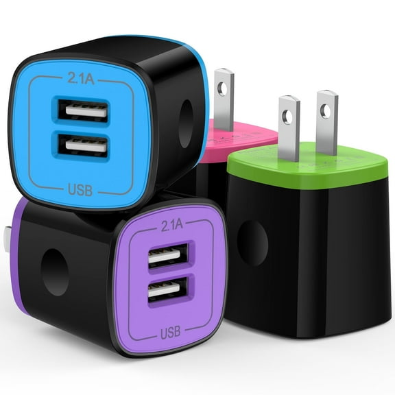 4 Pack Hootek USB Wall Charger Block 2.1A Dual Port USB Charger Block Fast Charger Wall Charger Plug Brick Cube Charger Box Fast Charging Block for Android Samsung, Mixed