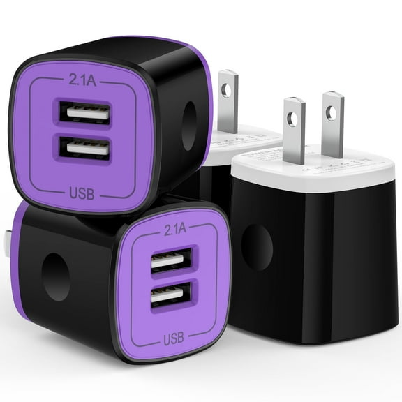 4 Pack Hootek USB Wall Charger Block 2.1A Dual Port USB Charger Block Fast Charger Wall Charger Plug Brick Cube Charger Box Fast Charging Block for Android Samsung, Purple+White
