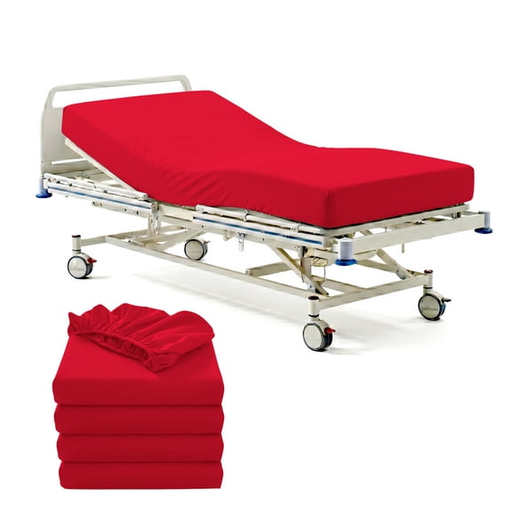 4 Pack Hospital Bed Fitted Sheets 36" x 80" x 14" Deep – 100% Egyptian Cotton 400 Thread Count, Soft Breathable & Durable Patient Sheets with Elastic All Around, Easy-Care Red Solid