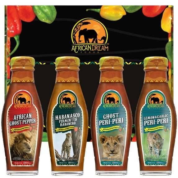 4-Pack Hot Sauce Gift Box by African Dream Foods | Big Cat Variety Pack | Lemon & Garlic Peri-Peri, African Ghost Pepper, Habanasco, Ghost Peri-Peri | 5 fl oz Glass Bottles