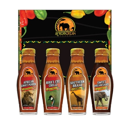 4-Pack Hot Sauce Gift Box by African Dream Foods | Hot and Mild Variety Pack | African Ghost Pepper, Bird’s Eye Chilli Sauce, Southern Braai - BBQ Sauce, Sweet Dream Chili | 5 fl oz Bottles, 4PK