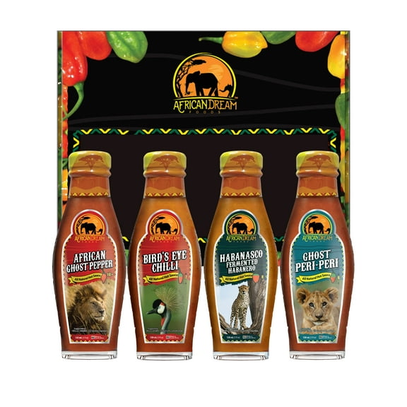4-Pack Hot Sauce Gift Box by African Dream Foods | Hottest Variety Pack | African Ghost Pepper, Bird's Eye Chili Sauce, Ghost Peri-Peri, Habanasco | 5 fl oz Glass Bottles