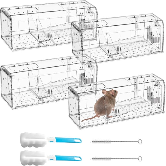 4 Pack Humane Mouse Trap for Indoor Outdoor, Catch and Release Mouse Traps, Mice Trap No Kill for Small Rat Rodent, Reusable & Easy to Use Mousetrap Catcher Small Capture Cage with Cleaning Brush