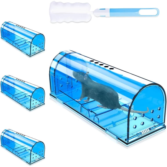 4 Pack Humane Mouse Traps No Kill, Catch and Release Live Mouse Trap Indoor for Home, Reusable Mice Trap Cage with Cleaning Brush(Blue)