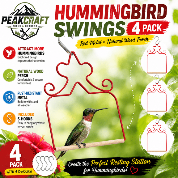 4 Pack Hummingbird Swings for Outdoors, Red Metal Bird Perch with Natural Wood Dowel, Rust Resistant Hanging Hummingbird Feeder Accessory, Includes 4 S Hooks for Garden Patio Yard Bird Watching Decor