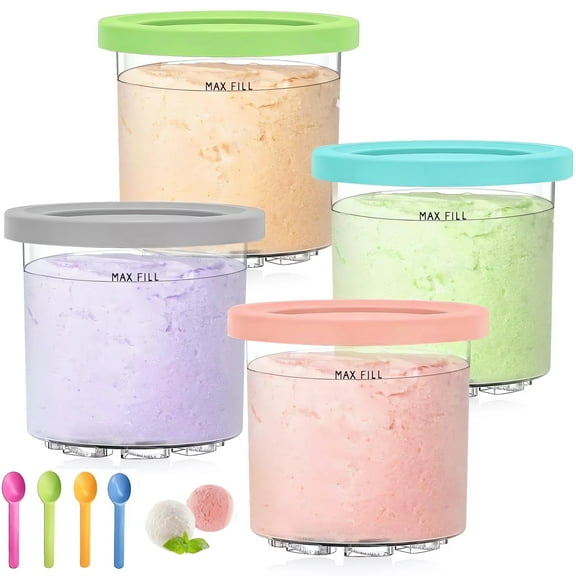 4-Pack Ice Cream Pint Container, Replaces Ninja Creami Pints and Lids, Compatible with NC301 NC300 Series Ice Cream Makers, Dishwasher Safe, with 4 Ice Cream Scoops