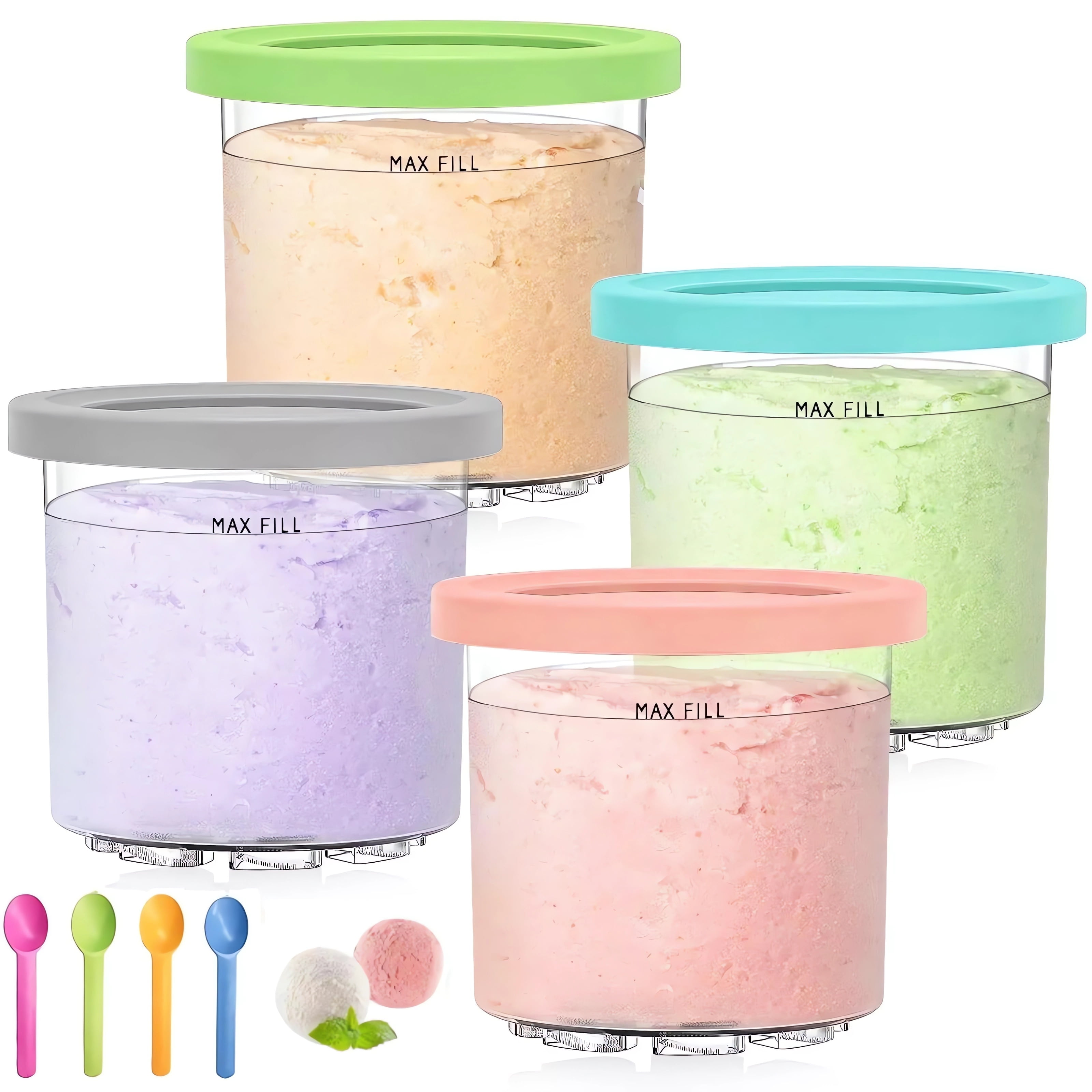 4-Pack Ice Cream Pint Container, Replaces Ninja Creami Pints and Lids, Compatible with NC301 NC300 Series Ice Cream Makers, Dishwasher Safe, with 4 Ice Cream Scoops