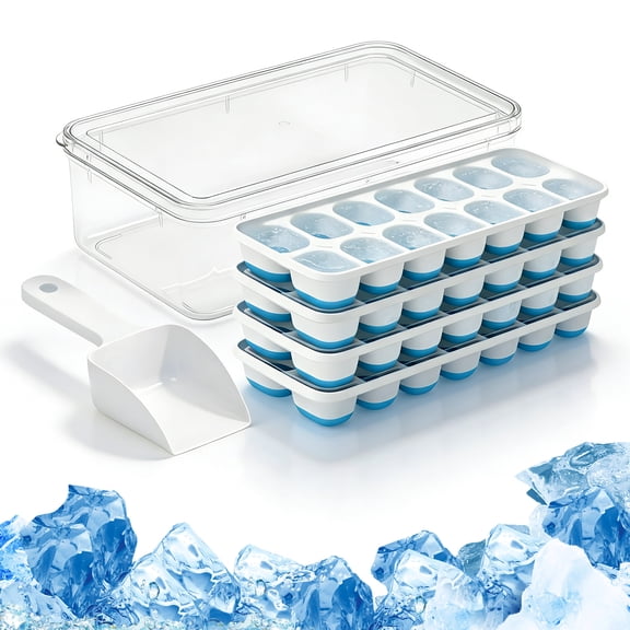 LAPTOM MAX 4 Pack Plastic Ice Cube Tray, 14-Cube Mold with Removable Lid, Ideal for Everyday Beverage Storage, Blue