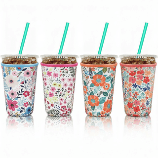 4 Pack Iced Coffee Sleeve,reusable Neoprene Cup Sleeves Suitable For Beverage Sleeves For Hot And Cold Coffee Or Ice Drink Coffee cup sleeve for Most coffee cup(flowers, 22-24 OZ)