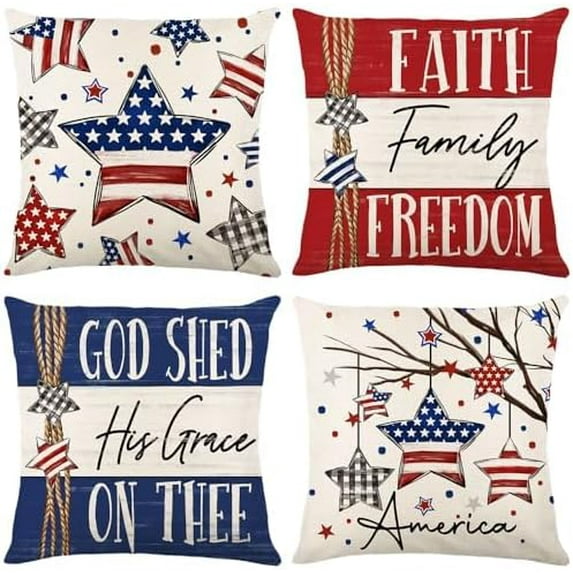 4 Pack Independence Day Pillow Covers 16 x 16 Inch 4th of July American Flag Throw Pillow Case Memorial Day Patriotic Star America Freedom Decor Cushion Case for Home Couch Sofa Bed