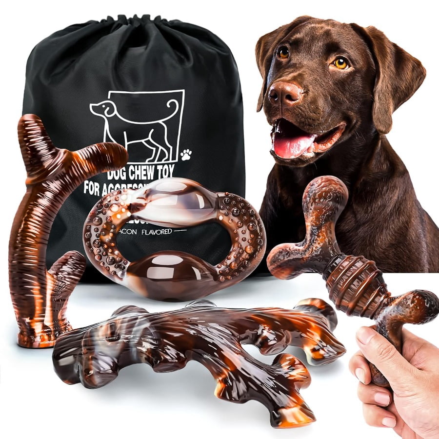 4-Pack Indestructible Nylon Dog Chew Bones, Bacon Flavor Tough Durable Dental Toys for Aggressive Chewers, Teeth Cleaning Gum Massage Puppy Chew Gifts for Small Medium Large Dogs