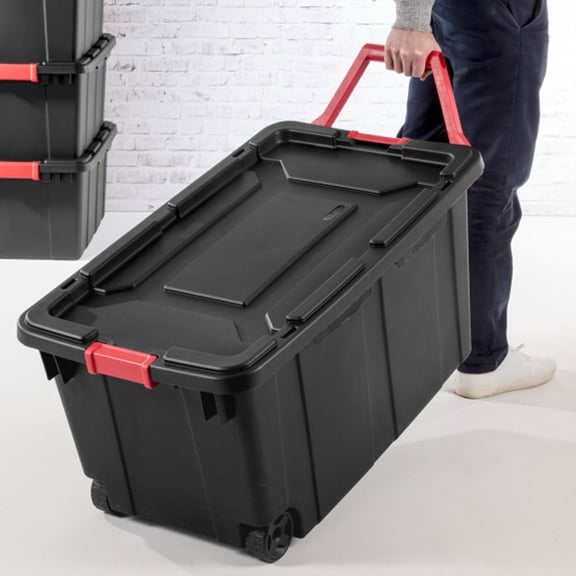 4-Pack Industrial Tote Heavy-Duty Storage Bins w/Lids and Wheels 40 Gallon Stackable Organizing Containers for Home Garage Office Basement