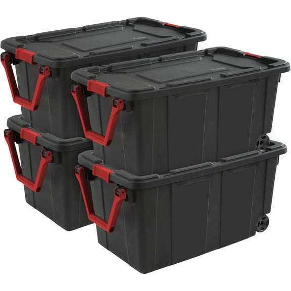 4-Pack Industrial Tote, Heavy-Duty Storage Bins w/Lids and Wheels, 40 Gallon - Stackable Organizing Containers for Home, Garage, Office, and Basement