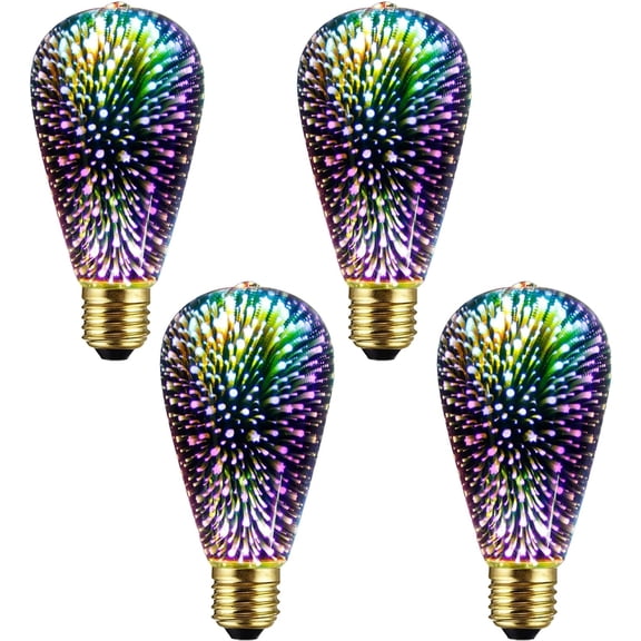 4 Pack Infinity 3D Fireworks Effect ST19 LED Light - 3W 120V Fairy Multicolor Disco Party Bulb, Stain Glass Colorful Firework