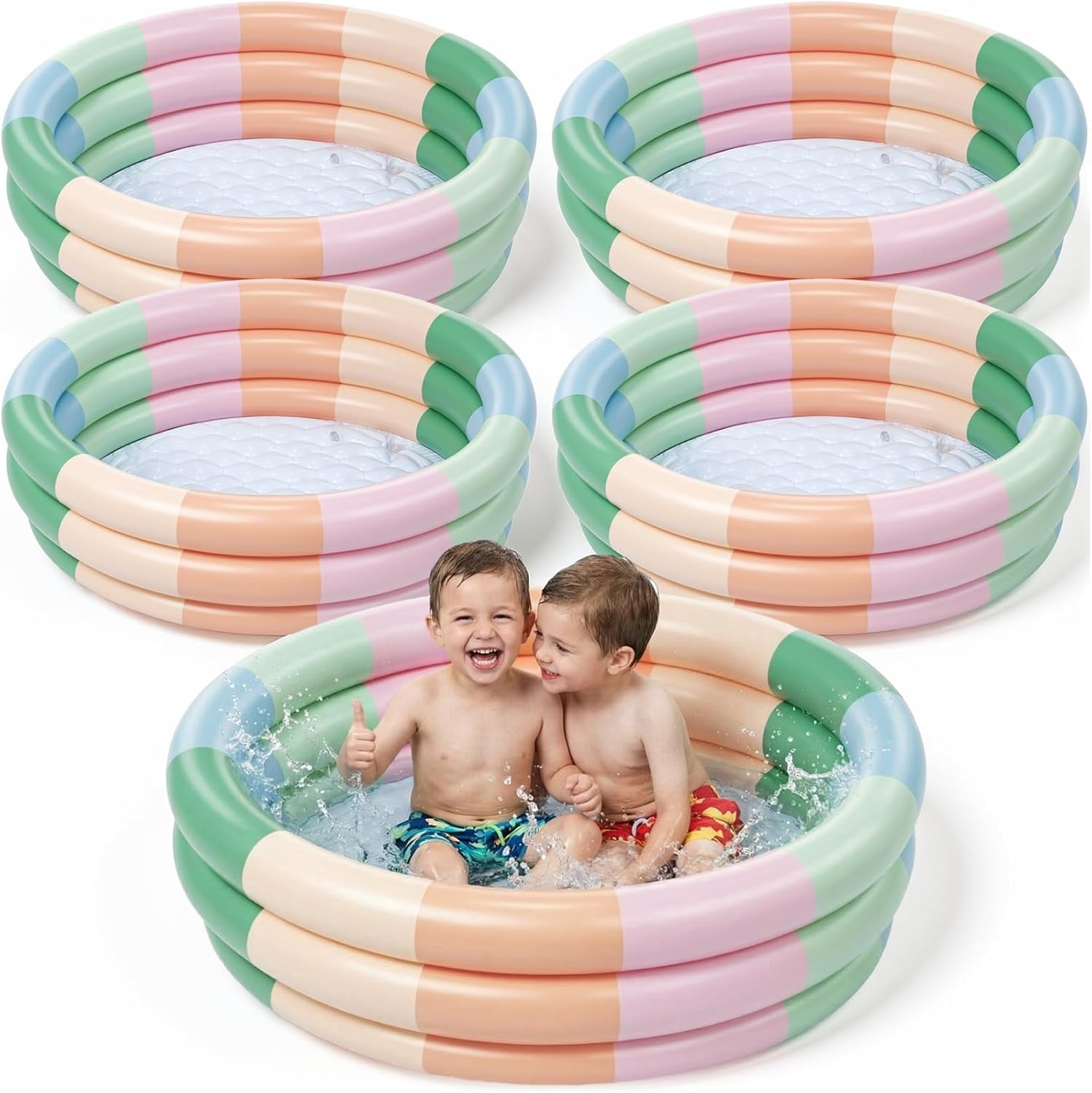 4 Pack Inflatable Kiddie Pool for Toddlers Blue Stripe Blow up Kids Swimming Pool Small 3 Rings Round Baby Pools for Indoor Outdoor Water Game Play Center