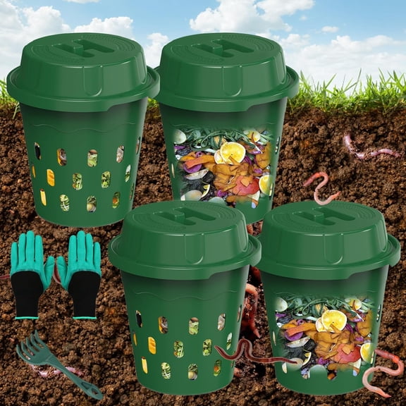 4-Pack Inground Worm Composter, Outdoor Worm Compost Bin for Garden Beds & Home Use, Vermicomposting Bin for Beginners (9.5x9.5x10.8Inch)Green