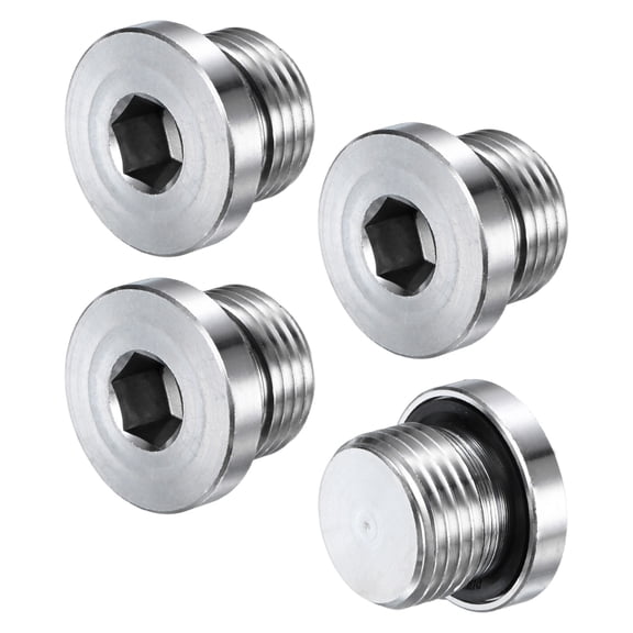 4-Pack Inner Hex Head Pipe Fitting Plug, 1/2 NPT 304 Stainless Steel Socket Bung Plug with Sealing Ring