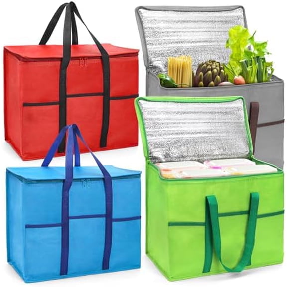 4 Pack Insulated Reusable Grocery Shopping Bags, Foldable Cooler Bag Food Delivery Bags with Hard Bottom Insert and Zippered Top, Stands Upright, Cooler Totes for Hot or Cold Food Transport