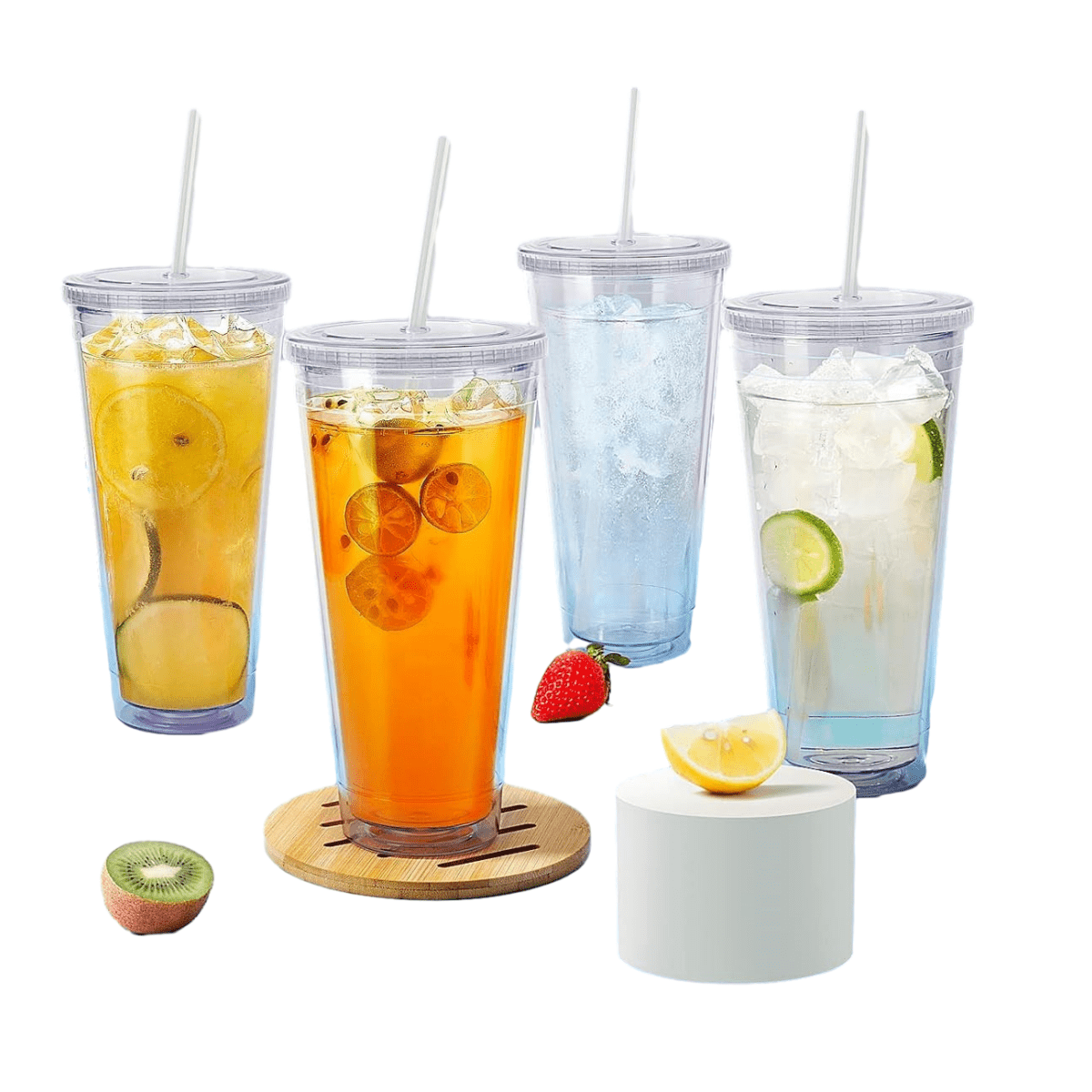 4 Pack Insulated Tumblers, Double Wall Clear Plastic Tumblers 20oz