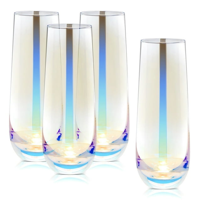 4 Pack Iridescent Champagne Flutes, Stemless Wine Glasses for Cocktails