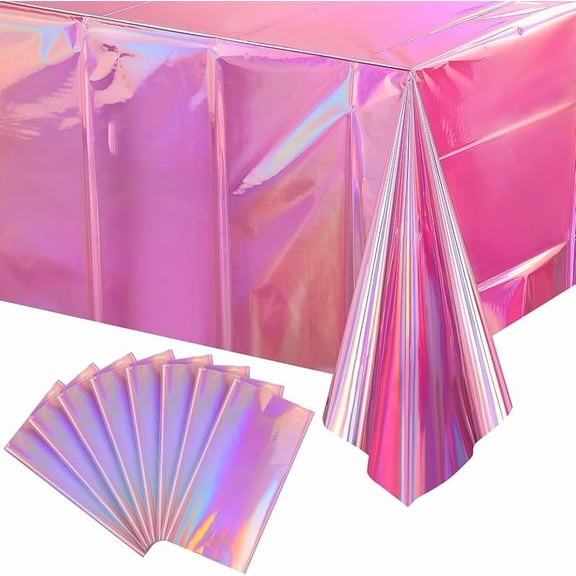 4 Pack Iridescent Pink Plastic Tablecloths, FunnyPars Shiny Disposable Laser Rectangle Table Covers, Holographic Foil Tablecloth Iridescent Party Decorations for Birthday Wedding Christmas, 54x108Inch