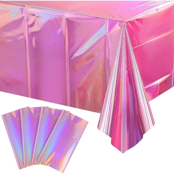 4 Pack Iridescent Pink Plastic Tablecloths, Shiny Disposable Laser Rectangle Table Covers, Holographic Foil Tablecloth Iridescent Party Decorations for Birthday Wedding Christmas, 54x108Inch