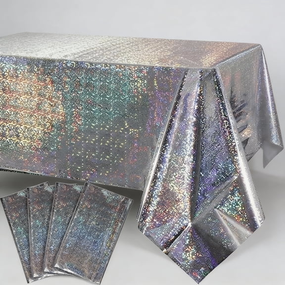 4 Pack Iridescent Plastic Tablecloths Shiny Disposable Laser Rectangle Table Covers Holographic Foil Tablecloth Iridescent Party Decoration Birthday Bridal Wedding Christmas 54"x108"(Silver)