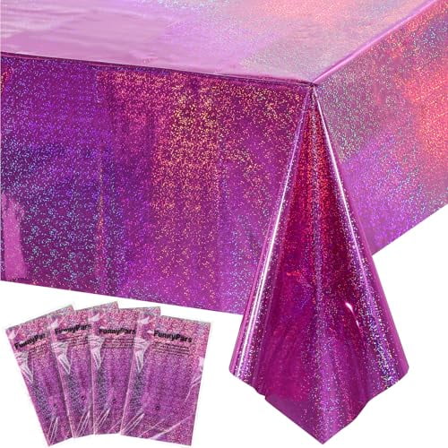 4 Pack Iridescent Shiny Disposable Laser Rectangle Table Covers, Holographic Foil Plastic Tablecloth for Birthday Wedding Party Decor, 54 x 108 Inches, Pink & Purple