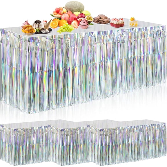 4 Pack Iridescent Table Skirt,Laser Metallic Foil Fringe Tinsel Table Skirts,Disposable Rainbow Table Skirt Banner for Rectangle Tables Birthday Wedding Graduation Party Decoration(29x108Inch)
