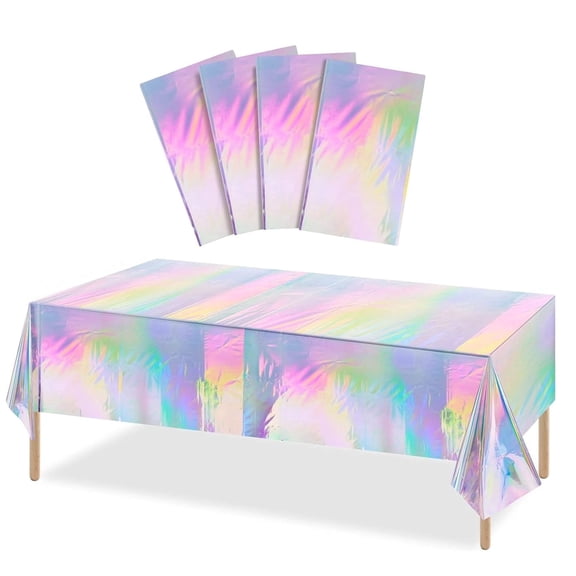 QianSai 4-Pack Iridescent Tablecloths, 54" x 108" Holographic Laser Plastic Table Covers, Shiny Disposable Rectangle Tablecloth for Birthday, Wedding, Graduation Parties