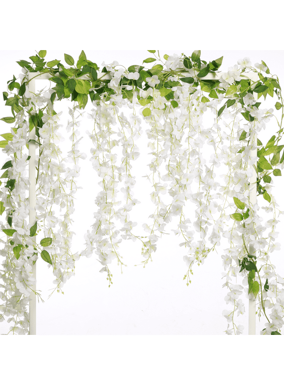 【4 Pack】JACKYLED 40 Branches Wisteria Hanging Flowers 6 ft Artificial White Wisteria Vine Silk Flowers Garland for Wedding Arch Party Decor