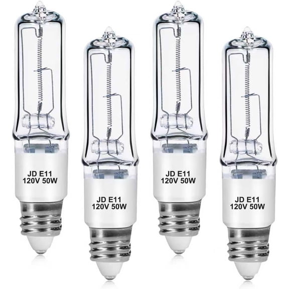 4-Pack JDE11 120V 50W Halogen Bulbs, E11 Mini Candelabra Base T4 Light Bulb, 600LM 2700K Warm White Dimmable for Ceiling Fan, Chandeliers, Pendant Lights and Accent Fixtures