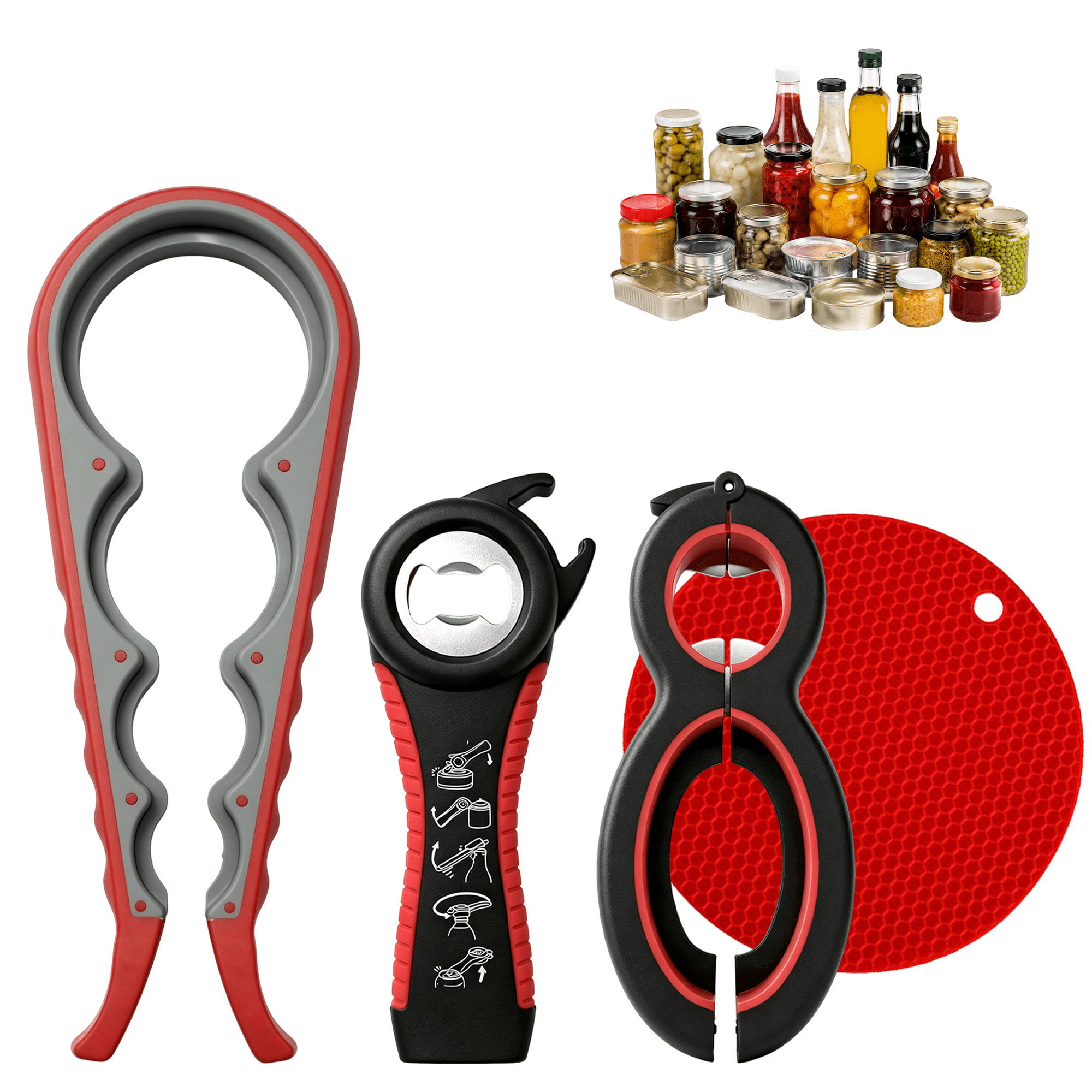 4 Pack Jar Opener Set, 5-in-1Multi Function Bottle Opener, Non Slip Bottle Can Opener Gripper Kit, Silicone Jar Gripper Pad & Manual Lid Openers
